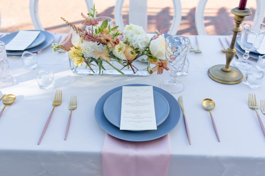 Pink, blue and gold tablescape for Cypress Grove Estate House wedding