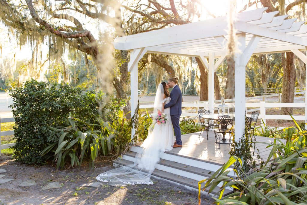 Bramble Tree Estate Wedding Photo — Bride and Groom kissing in veranda under greenery and Spanish Moss trees