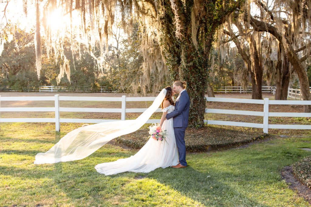 Bramble Tree Estate Wedding Photo — Bride and Groom kissing under Spanish Moss Trees with flying veil