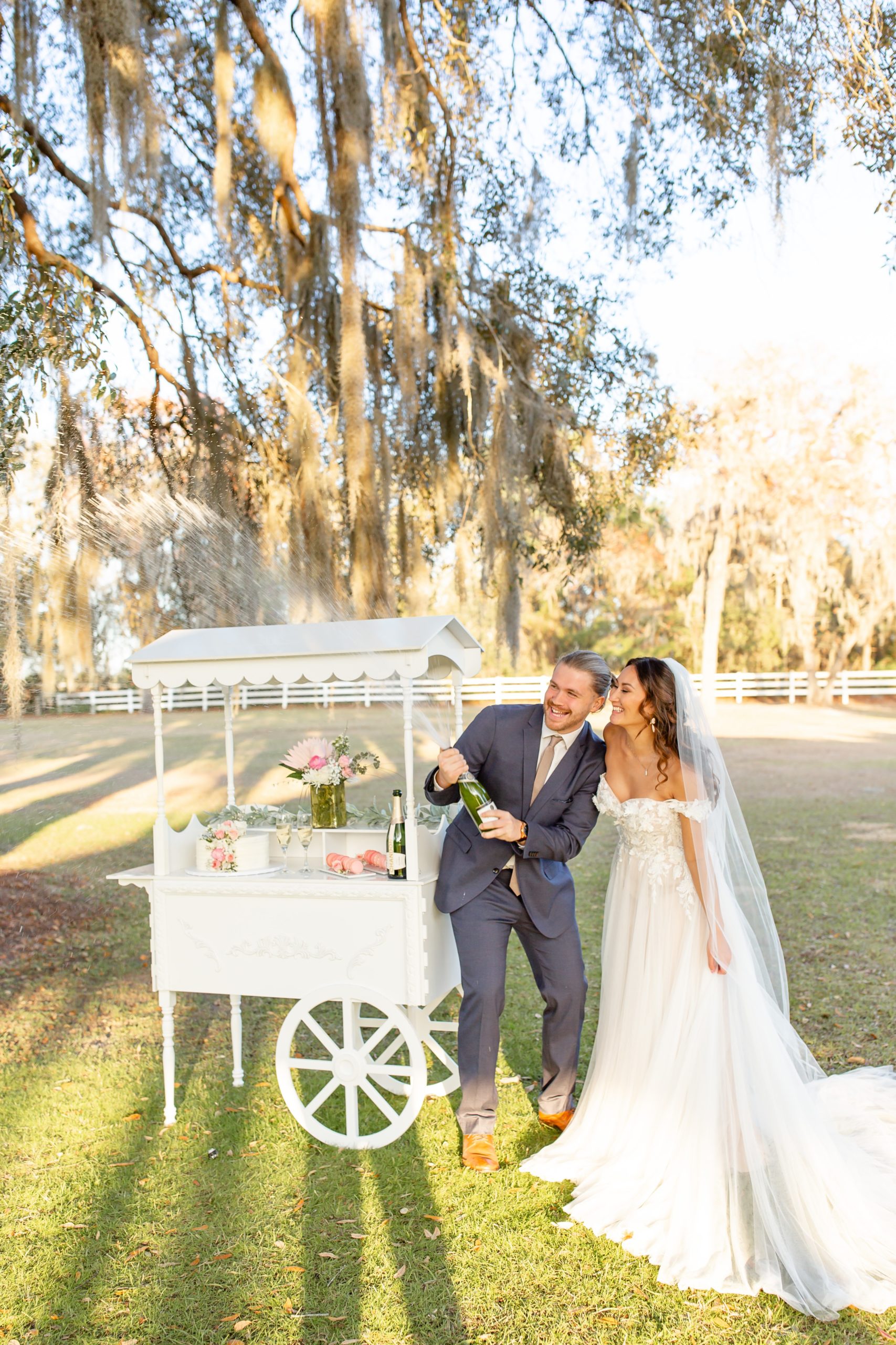 Bramble Tree Estate Wedding Photo — Bride and Groom celebrating and popping champagne with dessert cart under Spanish Moss Trees