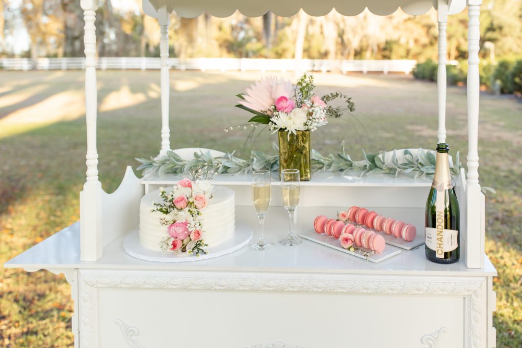 Bramble Tree Estate Wedding Photo — Dessert Cart with small cake, french macarons and champagne