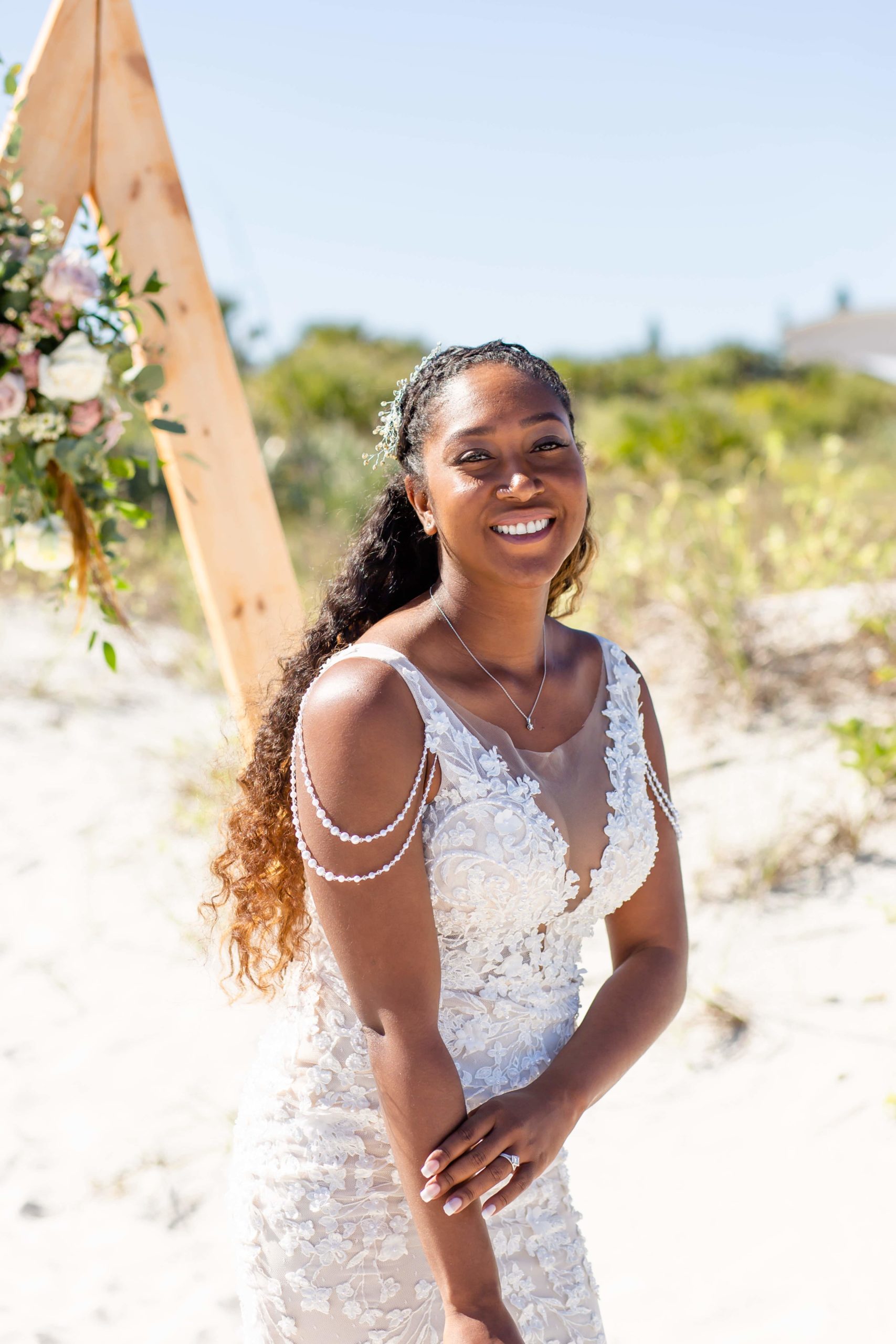 Beach Wedding Dress with cascading arm beading and v neck