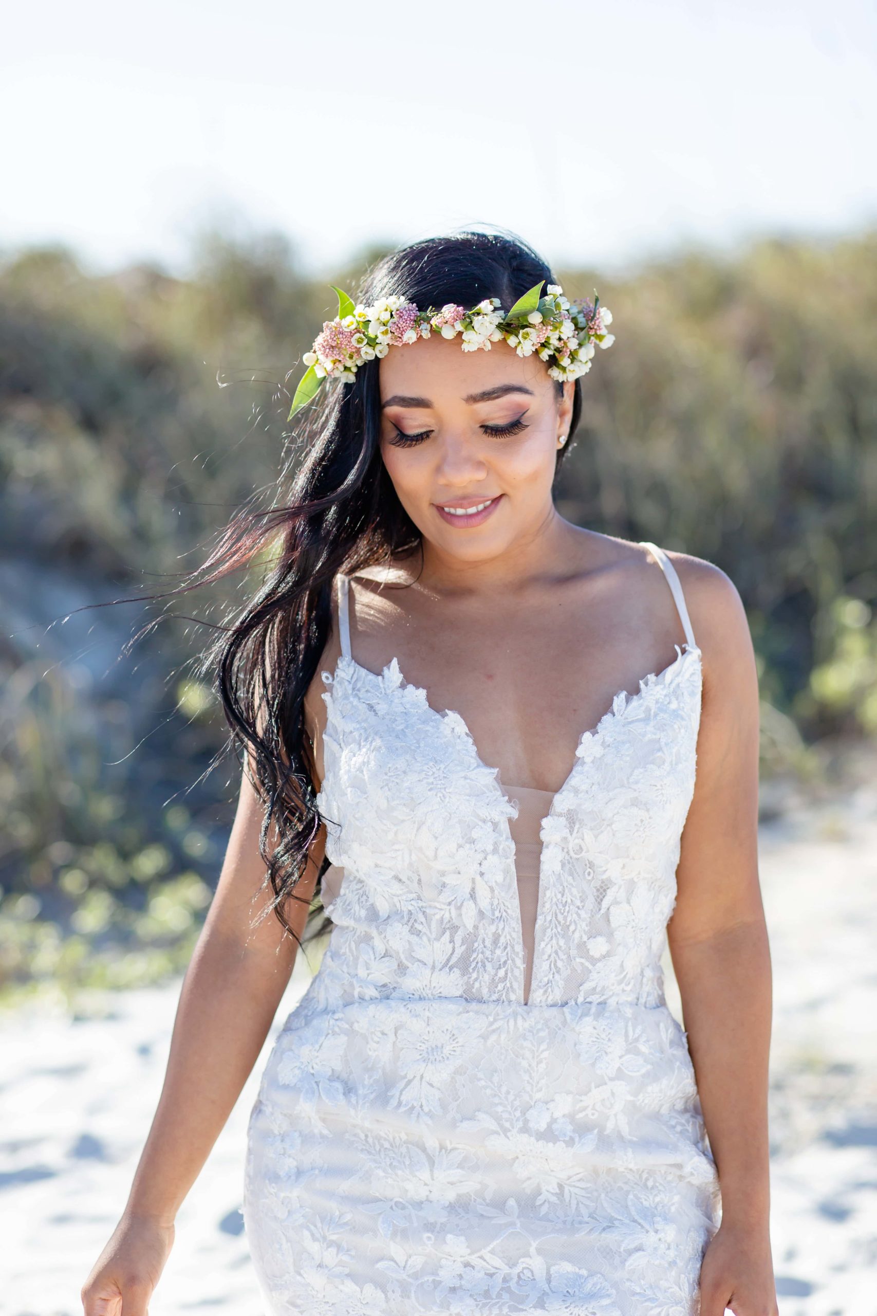 Beach Wedding Dress with lace detail and bridal flower crown