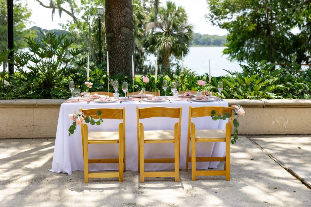 Reception table set up Lakeside for Micro Wedding at Rollins College in Orlando, Florida