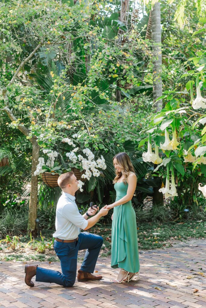 Guy proposes to girl in the white garden at Leu Gardens Orlando