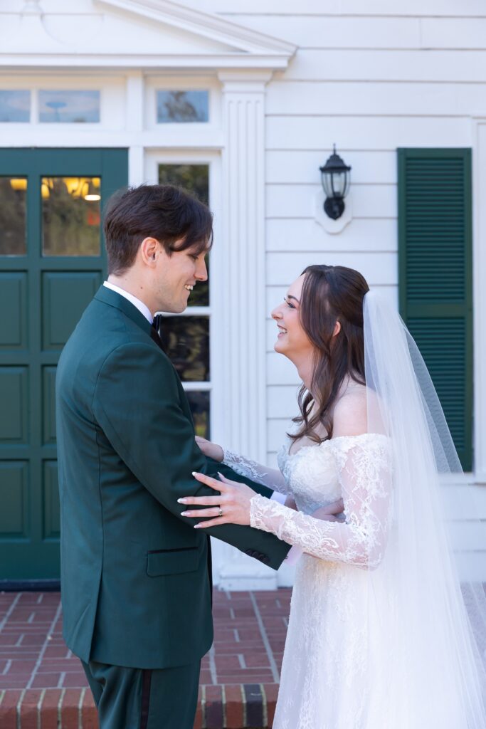 Bride and Groom first look before their micro wedding at Cypress Grove Estate House in Orlando, Florida