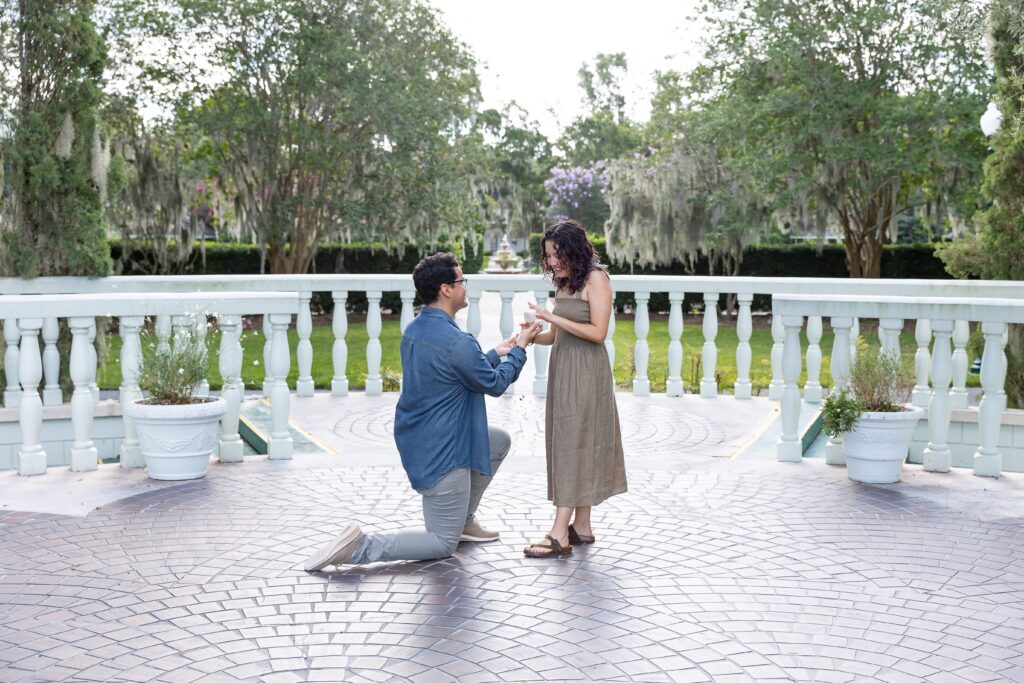Guy proposes to girl in front of rose garden for their proposal photos at Leu Gardens in Orlando, Florida