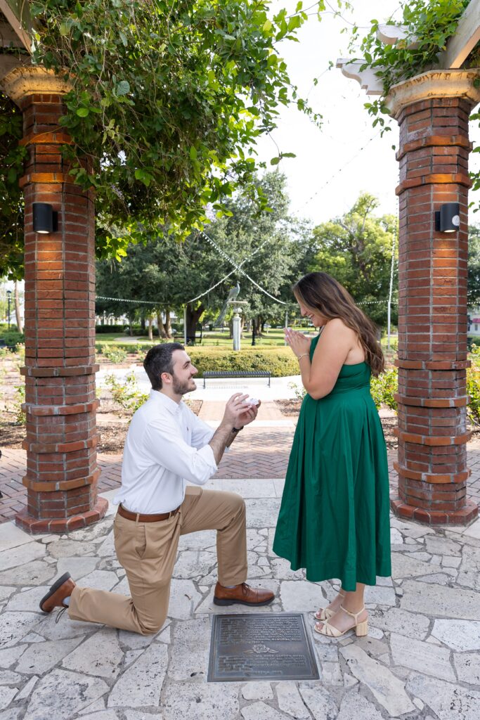 Guy proposes to girl on one knee at the Rose Garden in Central Park Winter Park, Florida