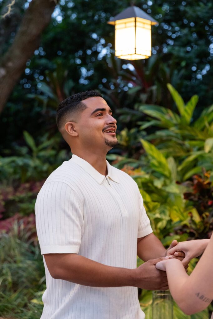 Girl gets emotional during proposal at the Hyatt Regency Grand Cypress Resort Orlando Oak Terrace